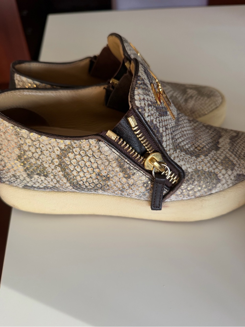 Giuseppe Zanotti Snake-Print Slip-On Sneakers with Gold Hardware